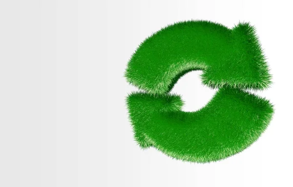 Yeşil çimen dokusundaki oklardan yapılmış geri dönüşüm simgesi logosu beyaz arkaplanda izole edilir. 3D ekolojik doğa döngüsü kavramını kopyalama alanı ile oluşturur.