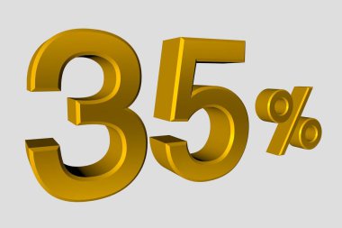 Yazıtta 35 tane gerçekçi 3D altın metalik numara var. Reklam afişi, afiş reklamı ve daha fazlası için yüzde otuz beş indirim ya da satış. 3d oluşturma.