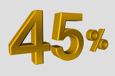 Yazıtta 45 tane gerçekçi 3 boyutlu altın metalik numara var. Reklam afişi, afiş reklamı ve daha fazlası için yüzde kırk beş indirim ya da satış. 3D görüntüleme, ayır