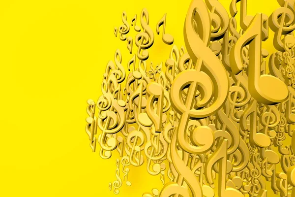 3D yellow music symbols isolated on yellow background. Music notes, treble clef, signs with copy space. 3d renderinglustration