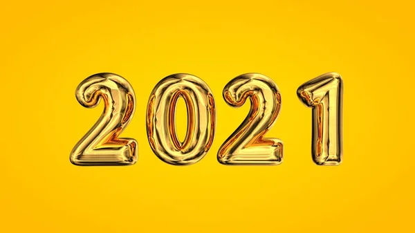 Realistic Inscription Numbers 2021 Gold Foil Balloon Isolated Yellow Background — Stock Photo, Image