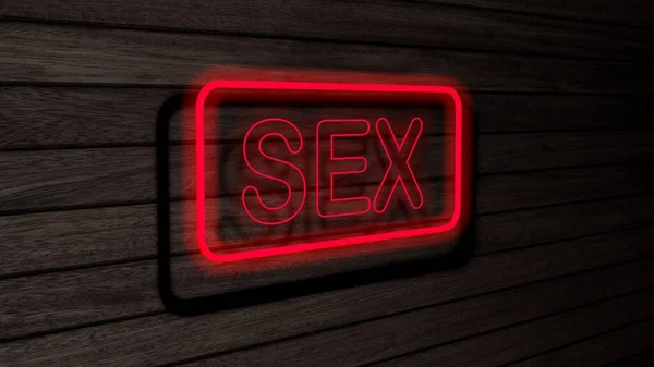 Tahta duvardaki seks kırmızısı neon floresan borular. 3 boyutlu çizim, illüstrasyon, poster, afiş. Yazı, gri ahşap duvar arkaplanı kavramı.