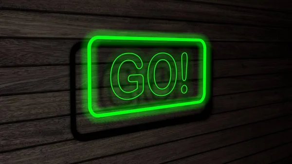 Ruszaj Zielony Kolor Neon Lampy Fluorescencyjne Znaki Drewnianej Ścianie Renderowanie — Zdjęcie stockowe