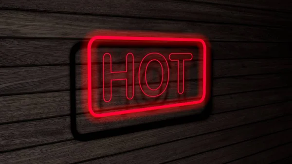 Ahşap duvarda sıcak kırmızı neon floresan borular var. 3 boyutlu çizim, illüstrasyon, poster, afiş. Yazı, gri ahşap duvar arkaplanı kavramı.