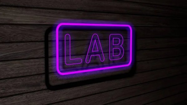 Laboratorium Fioletowy Kolor Neon Lampy Fluorescencyjne Znaki Drewnianej Ścianie Renderowanie — Zdjęcie stockowe