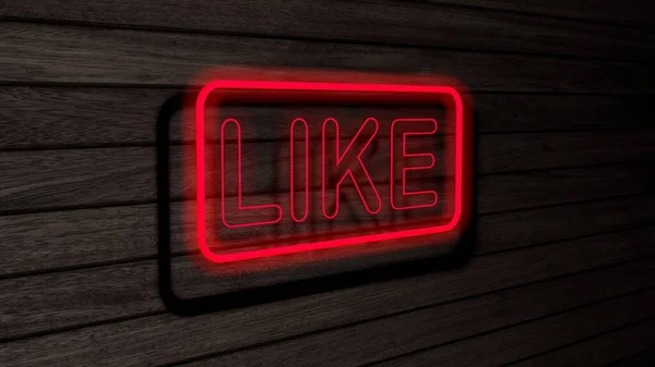 Ahşap duvardaki kırmızı renkli neon floresan borular gibi. 3 boyutlu çizim, illüstrasyon, poster, afiş. Yazı, gri ahşap duvar arkaplanı kavramı.