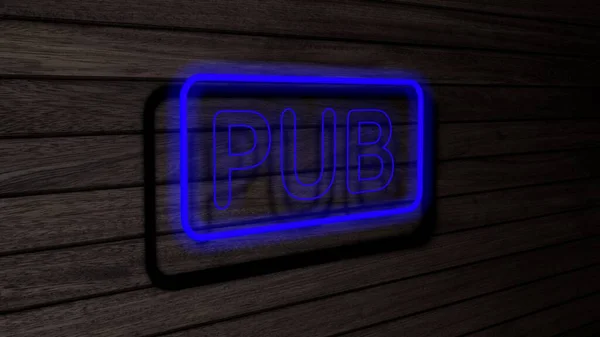 Pub Bleu Néon Tubes Fluorescents Signes Couleur Sur Mur Bois — Photo