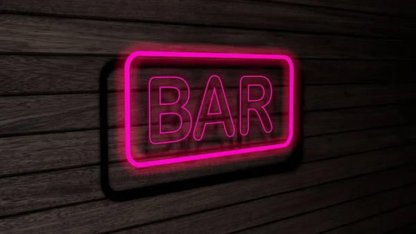 Ahşap duvarda pembe renkli neon floresan borular var. 3 boyutlu çizim, illüstrasyon, poster, afiş. Yazı, gri ahşap duvar arkaplanı kavramı.