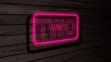 Ahşap duvarda iki pembe renkli neon floresan borular var. 3 boyutlu çizim, illüstrasyon, poster, afiş. Yazı, gri ahşap duvar arkaplanı kavramı.