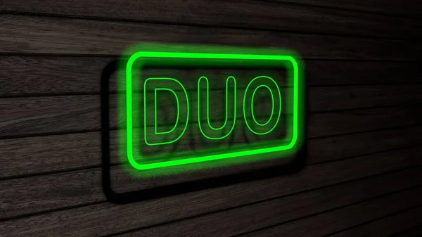 İkili yeşil renkli neon floresan borular ahşap duvarda. 3 boyutlu çizim, illüstrasyon, poster, afiş. Yazı, gri ahşap duvar arkaplanı kavramı.