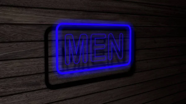 Erkekler ahşap duvarda mavi renkli neon floresan tüpleri işaretleri. 3 boyutlu çizim, illüstrasyon, poster, afiş. Yazı, gri ahşap duvar arkaplanı kavramı.