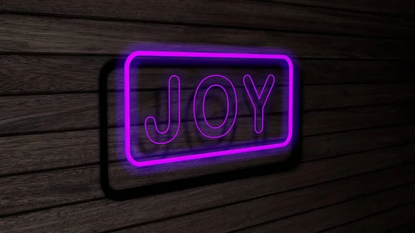Radość Fioletowy Kolor Neon Lampy Fluorescencyjne Znaki Drewnianej Ścianie Renderowanie — Zdjęcie stockowe
