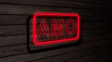 Ahşap duvarda amo kırmızısı neon floresan borular var. 3 boyutlu çizim, illüstrasyon, poster, afiş. Yazı, gri ahşap duvar arkaplanı kavramı.