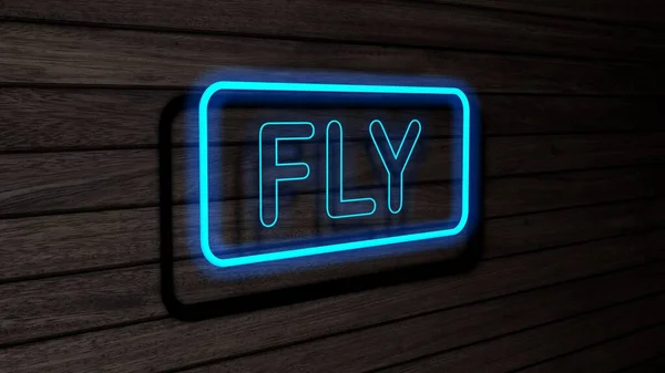 Fly Cyjan Kolor Neon Lampy Fluorescencyjne Znaki Drewnianej Ścianie Renderowanie — Zdjęcie stockowe