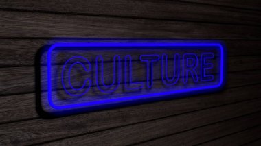 Kültür mavisi neon floresan boruları ahşap duvarda. 3 boyutlu çizim, illüstrasyon, poster, afiş. Yazı, gri ahşap duvar arkaplanı kavramı.