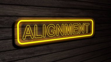 Ahşap duvarda sarı renkli neon floresan borular var. 3 boyutlu çizim, illüstrasyon, poster, afiş. Yazı, gri ahşap duvar arkaplanı kavramı.