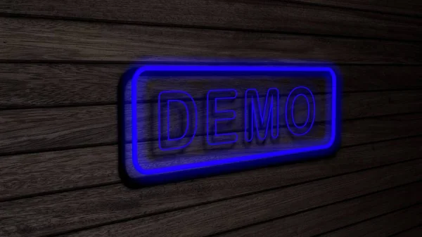Demo Niebieski Kolor Neon Lampy Fluorescencyjne Znaki Drewnianej Ścianie Renderowanie — Zdjęcie stockowe