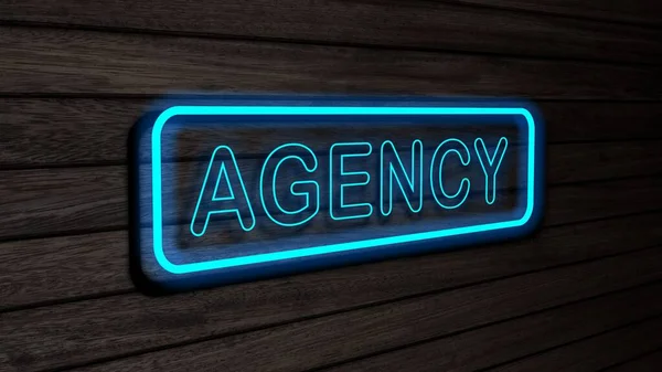 Agencja Cyjan Kolor Neon Lampy Fluorescencyjne Znaki Drewnianej Ścianie Renderowanie — Zdjęcie stockowe