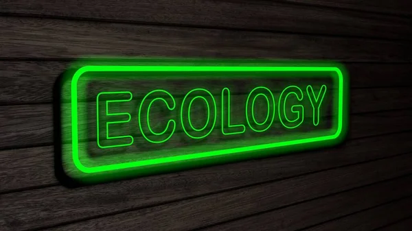 Ecology Green Color Neon Fluorescent Tubes Signs Wooden Wall Render — Stock Photo, Image
