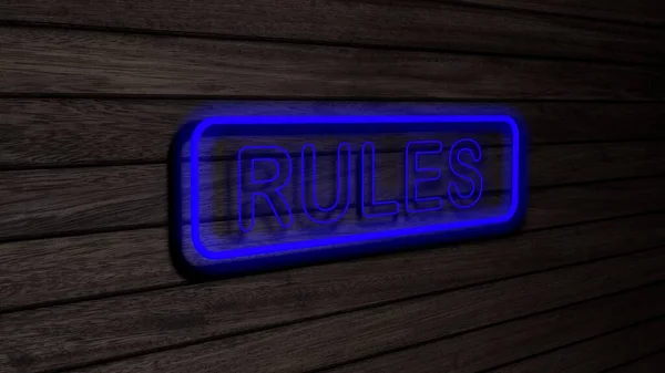 Reguły Niebieski Kolor Neon Lampy Fluorescencyjne Znaki Drewnianej Ścianie Renderowanie — Zdjęcie stockowe