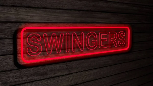 Ahşap duvarda kırmızı renkli neon floresan borular var. 3 boyutlu çizim, illüstrasyon, poster, afiş. Yazı, gri ahşap duvar arkaplanı kavramı.