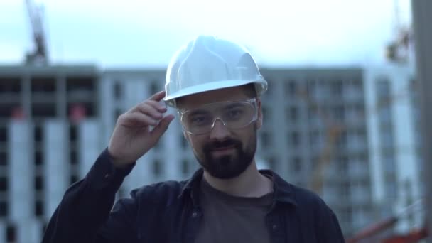 Portrait Smiling Bearded Professional Architect Worker Wearing Goggles Hard Hat — Stock Video