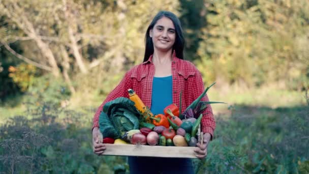 Farmer Woman Holding Wooden Box Full Vegetables Organic Field — Stock Video