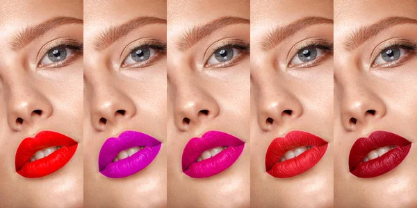 Collection: eyes and lips red, purple hues. The palette of lipsticks. Close-up — Stock Photo, Image