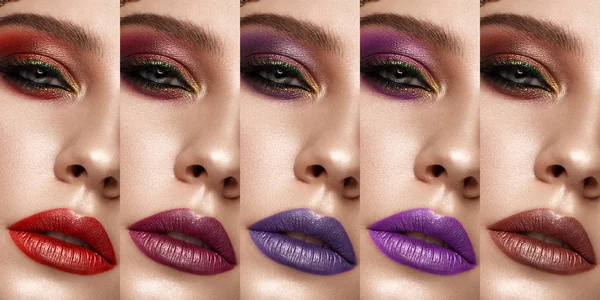 Collection: eyes and lips red, purple hues. The palette of lipsticks. Close-up