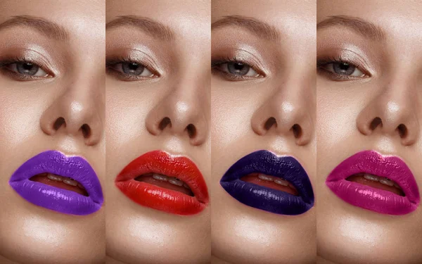 Collection: eyes and lips red, purple hues. The palette of lipsticks. Close-up