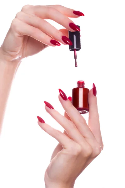 Leuchtend festliche rote Maniküre an weiblichen Händen. Nageldesign — Stockfoto