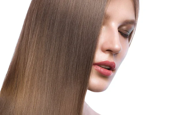 Hermosa chica de cabello castaño con un pelo perfectamente liso, y el maquillaje clásico. Cara de belleza . Imagen de stock