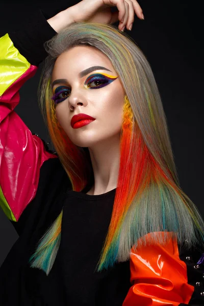 Beautiful girl with multi-colored hair and creative make-up and hairstyle. Beauty face. — Stock Photo, Image