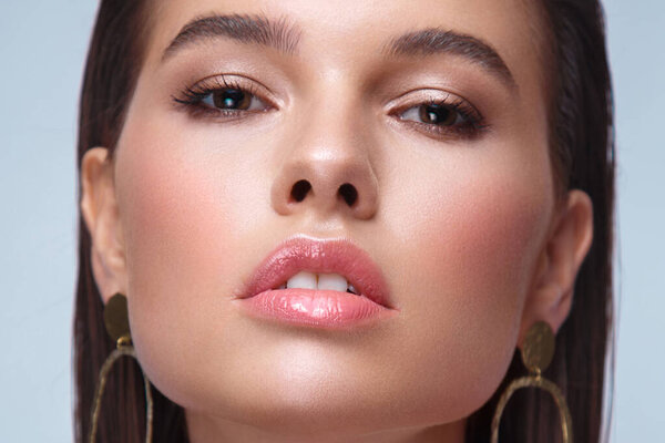 Beautiful fresh girl with classic make-up, smooth hair. Beauty face.
