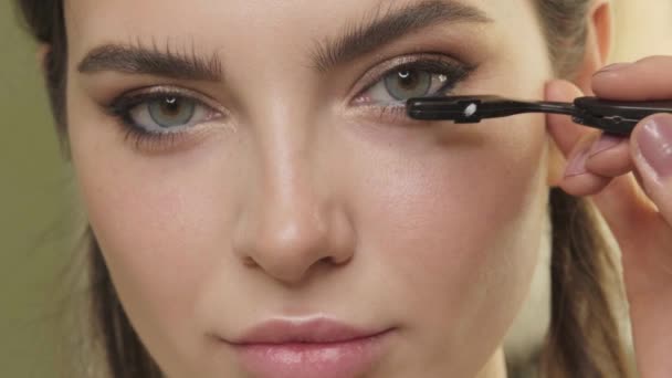 Maskenbildner bemalt Wimpernmodelle in einem Make-up-Salon. Schönheitsgesicht. — Stockvideo