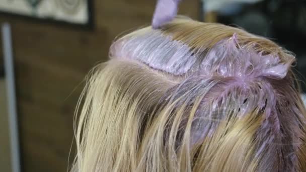 Il parrucchiere tinge i capelli biondi del cliente in un salone di bellezza. Studio parrucchiere. — Video Stock