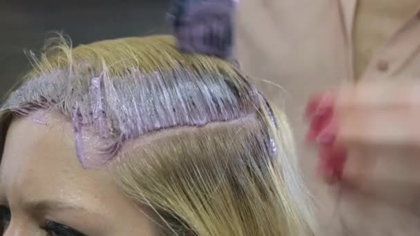 Coiffeur teint cheveux client blonde dans un salon de beauté. Coiffeur studio. — Video