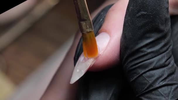 Service d'extension des ongles. Manucure fait une manucure Gel Nail extension avec des outils professionnels pour la manucure. — Video