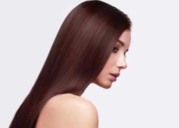 Retrato de una hermosa mujer de cabello castaño con un cabello perfectamente liso y maquillaje clásico —  Fotos de Stock