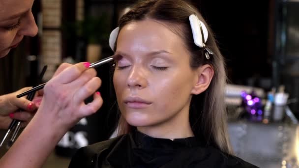 Maquillaje artista aplica cosméticos a la cara de la mujer joven en el salón de belleza — Vídeos de Stock