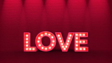Aşk kelimesi 3D neonu koyu tuğla duvarda aydınlatıyor.
