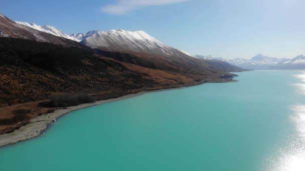 Vista Aérea Panorámica Del Lago Pukaki Isla Sur Nueva Zelanda — Vídeos de Stock