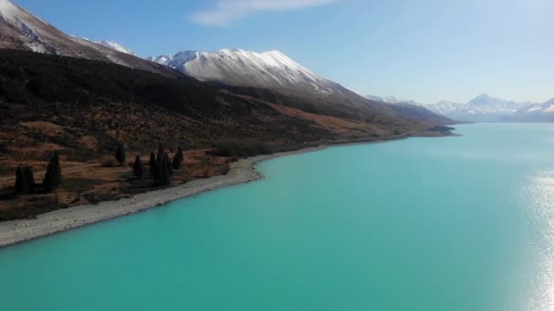 新西兰南岛Pukaki湖的风景鸟瞰 — 图库视频影像