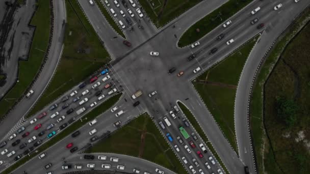 Top Aerial View Road Intersection Crowded Vehicles — Stock Video