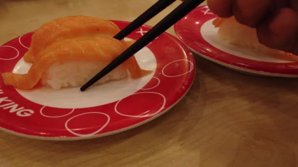 Verschiedene Sushis Fließband Sushi King Restaurant Sushi King Ist Die — Stockvideo