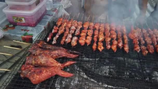 Kömür Izgarasında Tavuk Pişirirken Çekilmiş Kapalı Bir Fotoğraf — Stok video