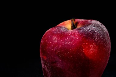 Siyah arka planda izole edilmiş taze ve lezzetli kırmızı elma, elma üzerinde su damlacıkları, seçici odak