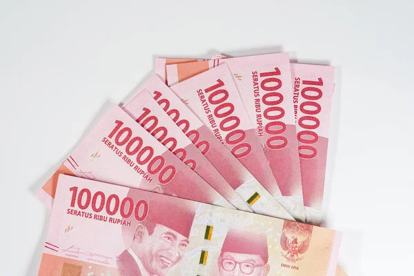 Indonéz Rúpia Valuta Bankjegyek Százezer Címlet Elszigetelt Fehér Háttér — Stock Fotó