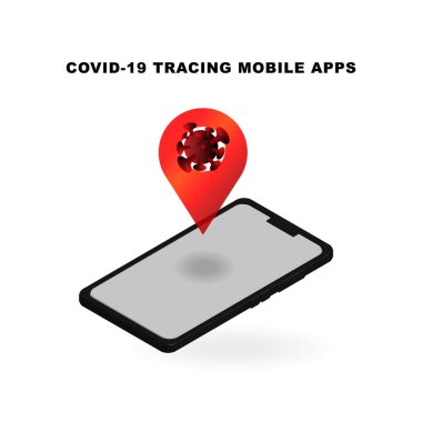 COVID-19 mobil uygulama vektörü. Corona virüsü ve cep telefonlu GPS işaretleyici