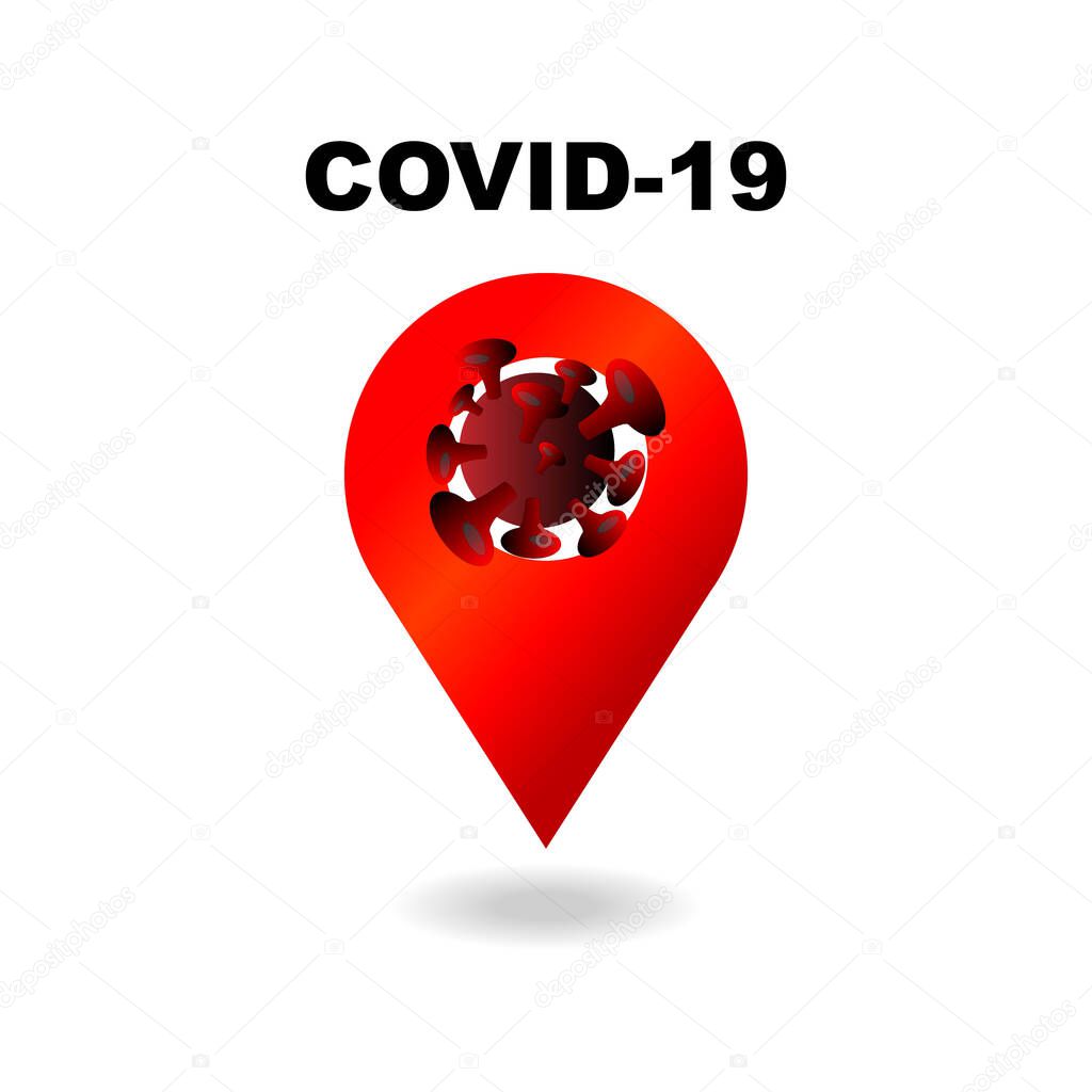 COVID-19 Pandemic, GPS or location marker with corona virus